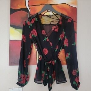 EXPRESS Black Red roses Floral Wrap Blouse Sheer V Neck Long Sleeve Tie Waist XS
